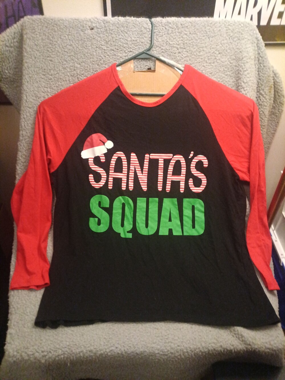 Santa's Squad Long Sleeve Raglan Shirt Red Black Christmas Holiday Tee